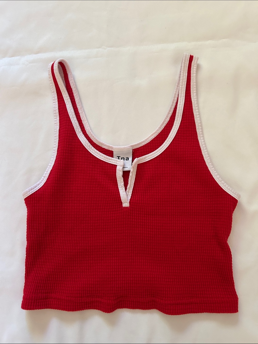 TNA Red Waffle Crop Tank with White Trim